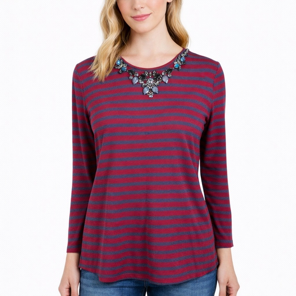 J. Crew Red Navy Striped Knit Top Rhinestone Bib Jeweled Neck Beaded Y2K Size M
